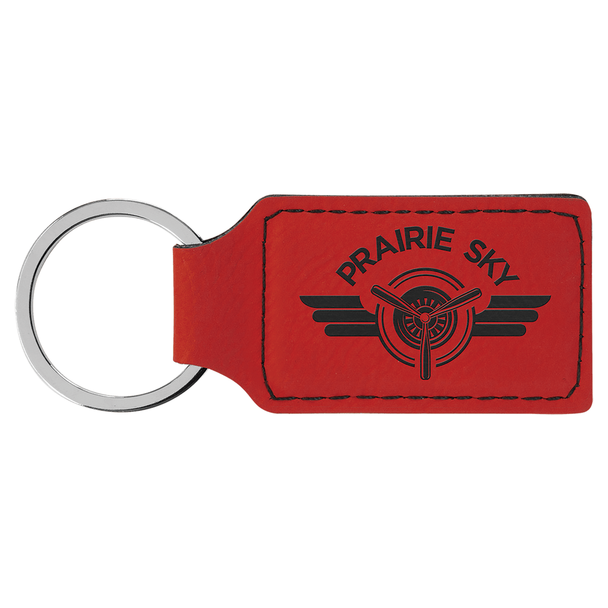 Red personalized rectangle leatherette keychains with example engraving