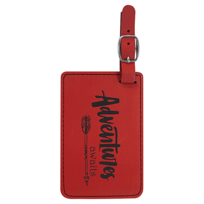 Red personalized leatherette luggage tags with example engraving