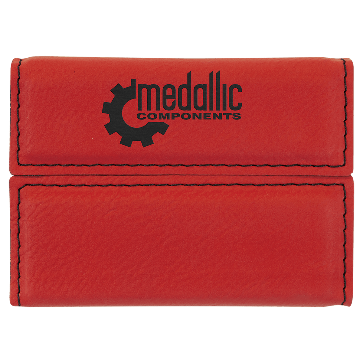 Red personalized leatherette business card cases with example engraving