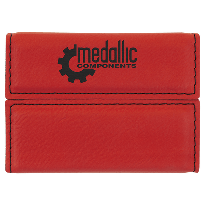Red personalized leatherette business card cases with example engraving