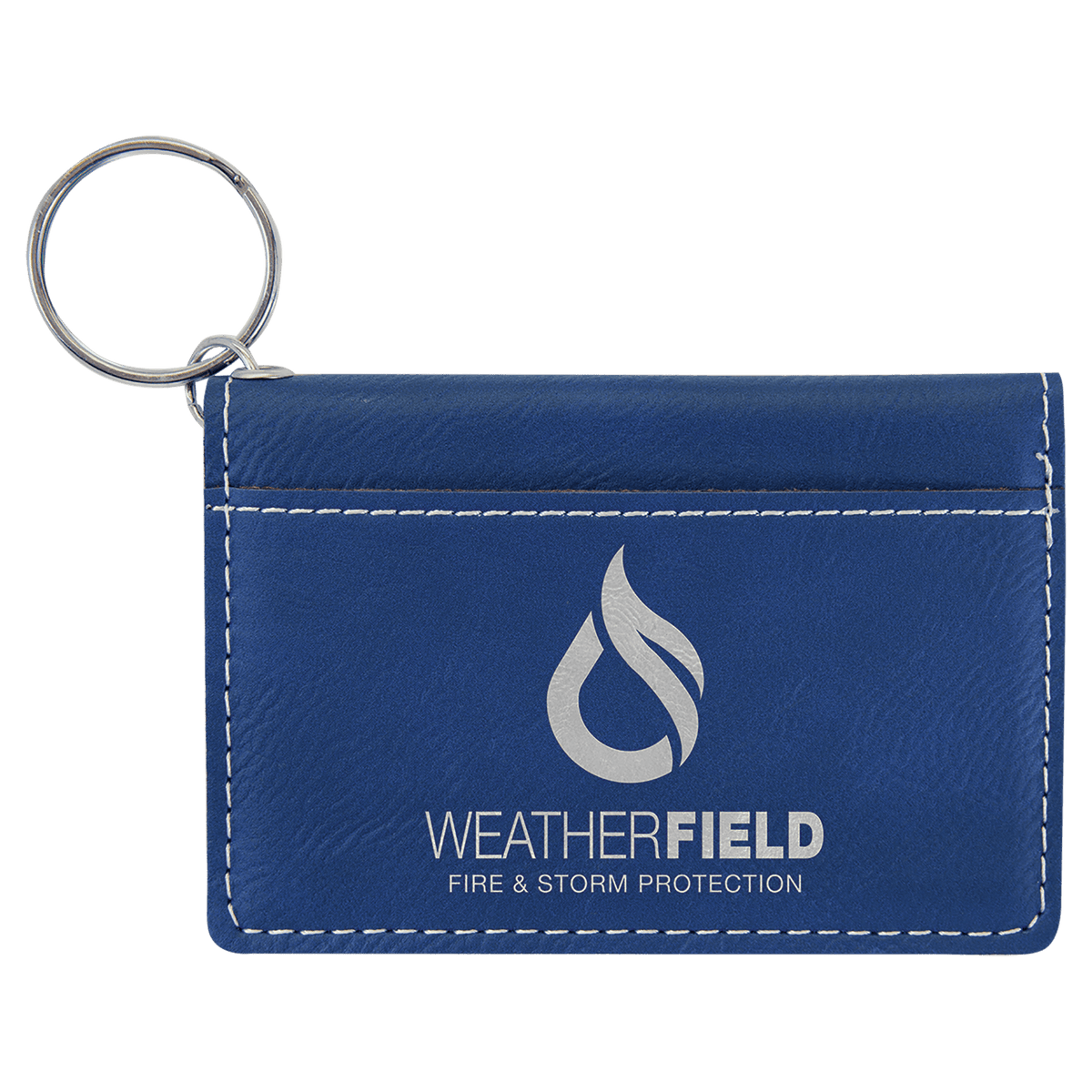 Blue/Silver personalized leatherette id holder keychains with example engraving