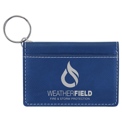 Blue/Silver personalized leatherette id holder keychains with example engraving