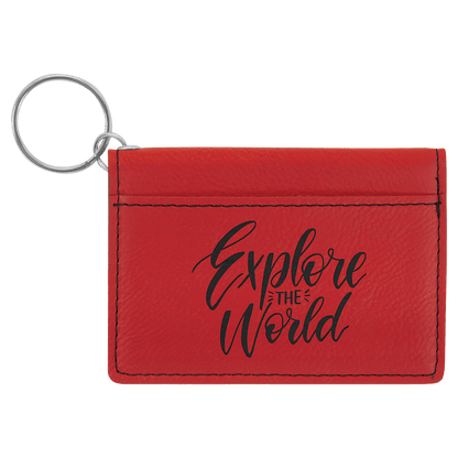 Red personalized leatherette id holder keychains with example engraving