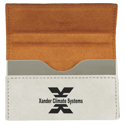 White personalized leatherette business card cases with example engraving