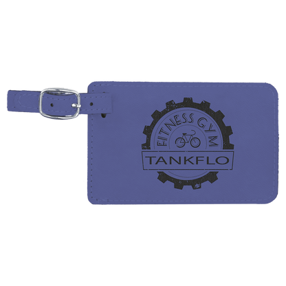 Purple personalized leatherette luggage tags with example engraving