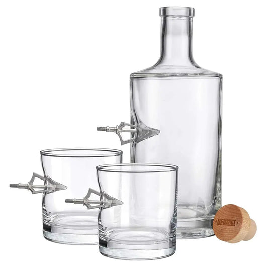 BenShot Broadhead gift set with one 750 mL decanter and two 11 oz rocks glasses