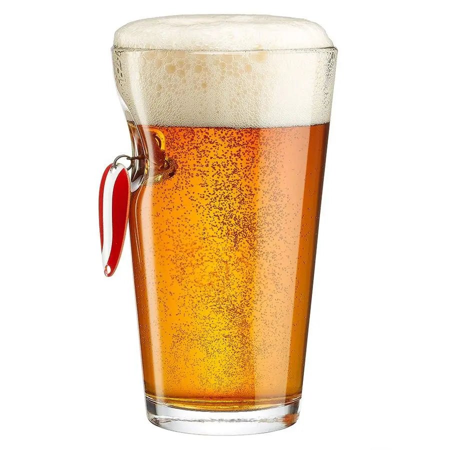 BenShot Fishing Lure 16 oz Pint Glass with a red and white spoon fishing lure embedded in the glass