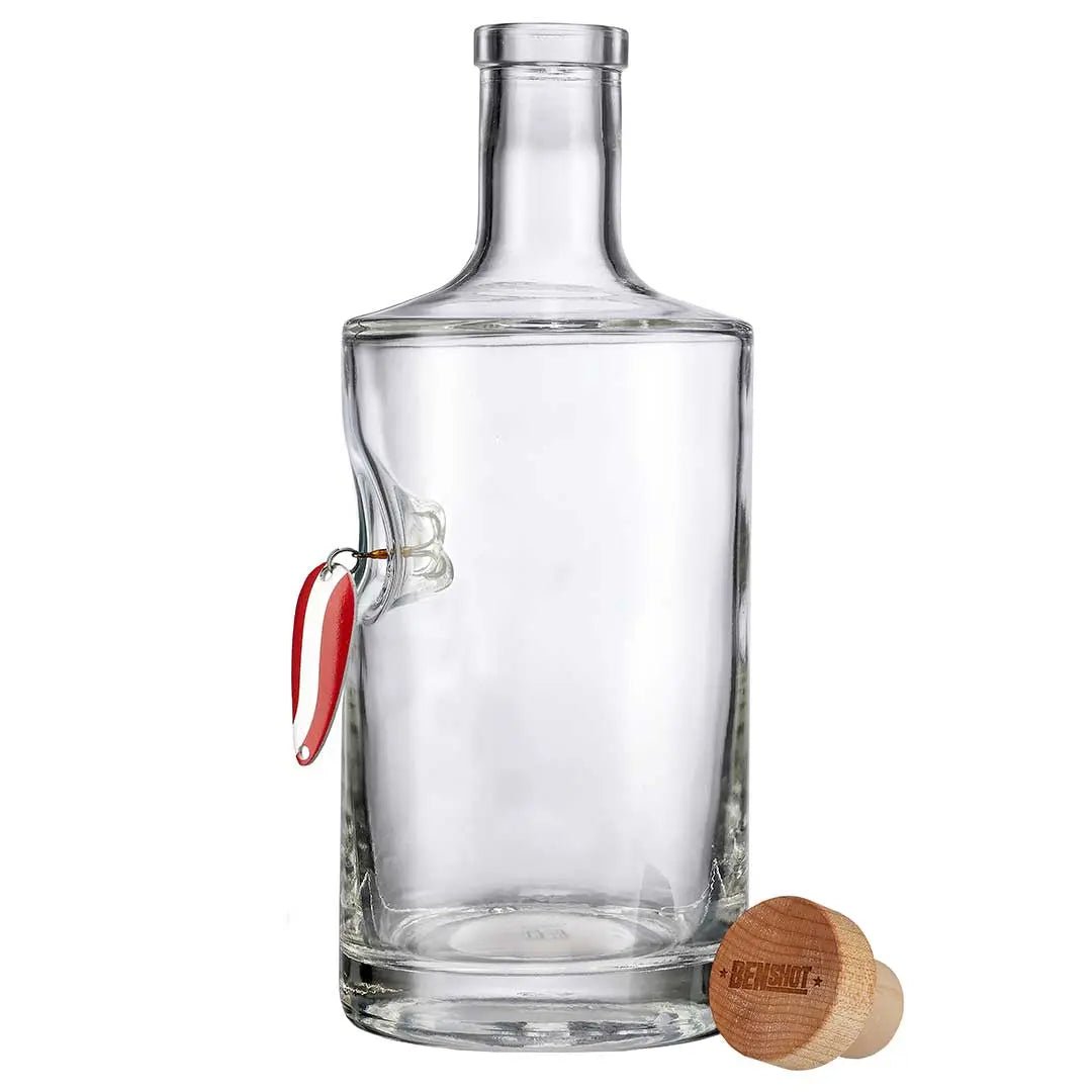 BenShot Fishing Lure 750 mL Decanter with a red and white spoon fishing lure embedded in the glass
