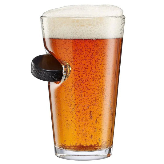 BenShot hockey puck 16 oz pint glass with embedded miniature hockey puck