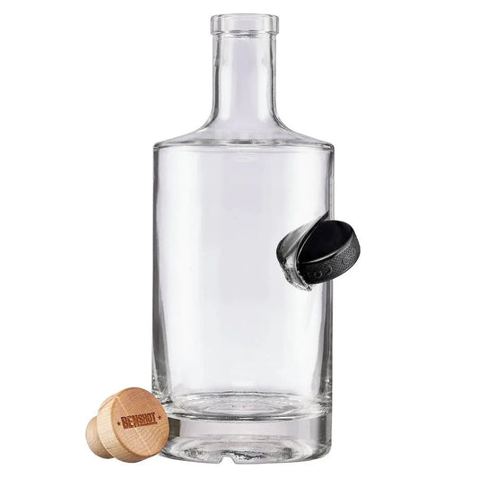 BenShot hockey puck 750 mL decanter with embedded miniature hockey puck