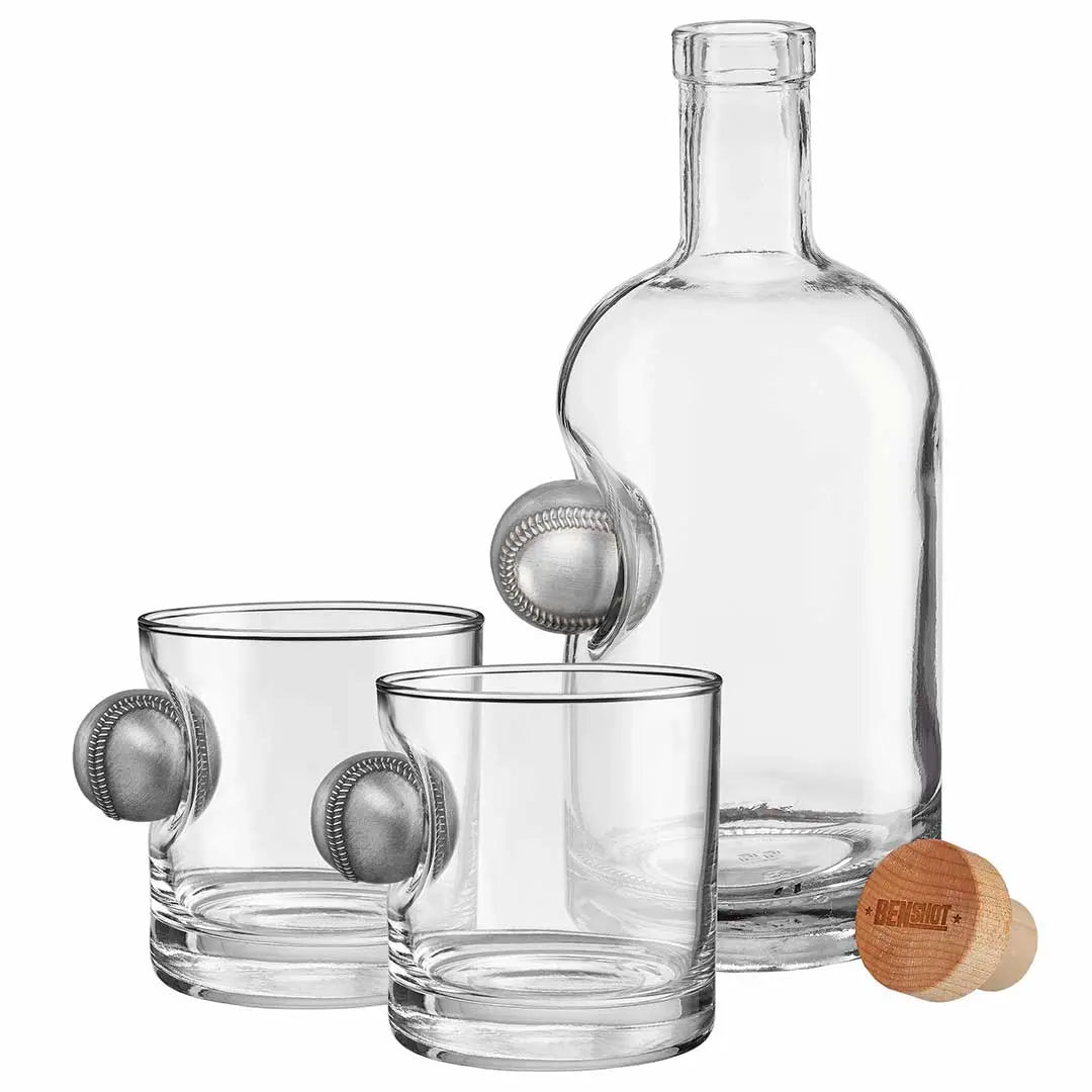 BenShot Baseball 750 mL Decanter & Two Rocks Glass Gift Set with embedded solid metal baseball