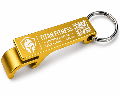 Gold bottle opener keychain with Titan Fitness branding on a white background
