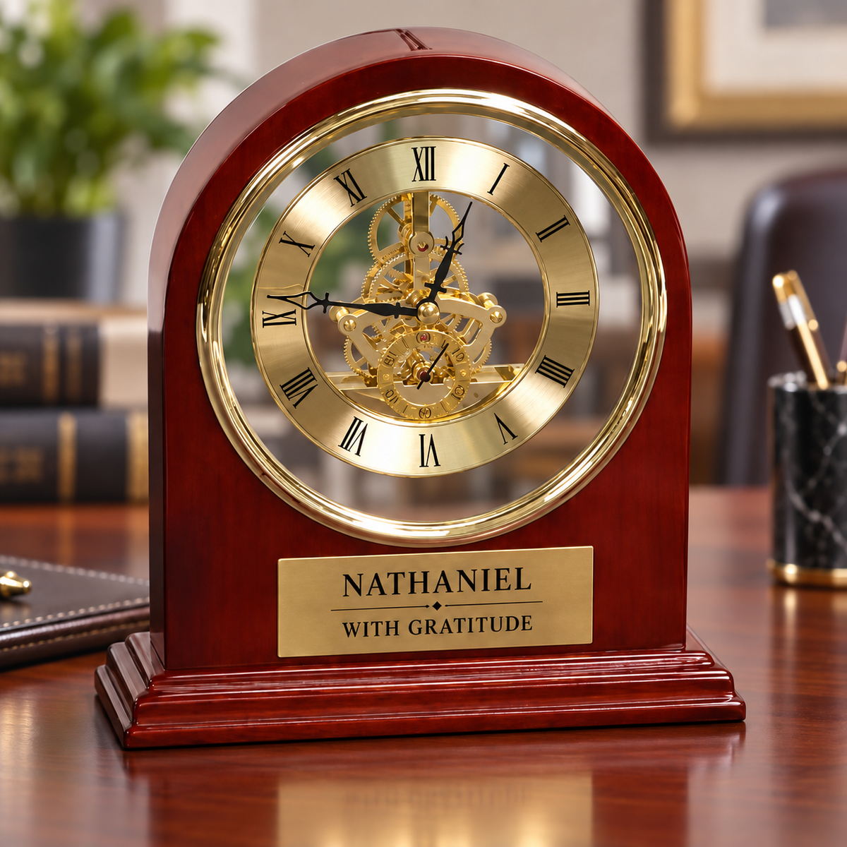 Personalized Rosewood Grand Piano Step-Arch Desk Clock — GP02 — optimized product photo