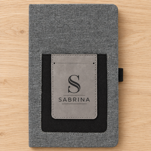 Gray journal with black phone pocket, gray card slot and dark SABRINA monogram engraving.