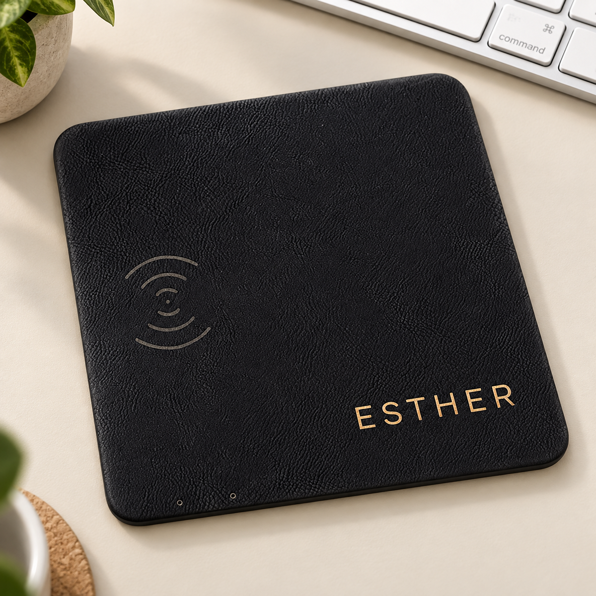 Black/Gold leatherette wireless charging mat with gold ESTHER engraving and embossed charging symbol.