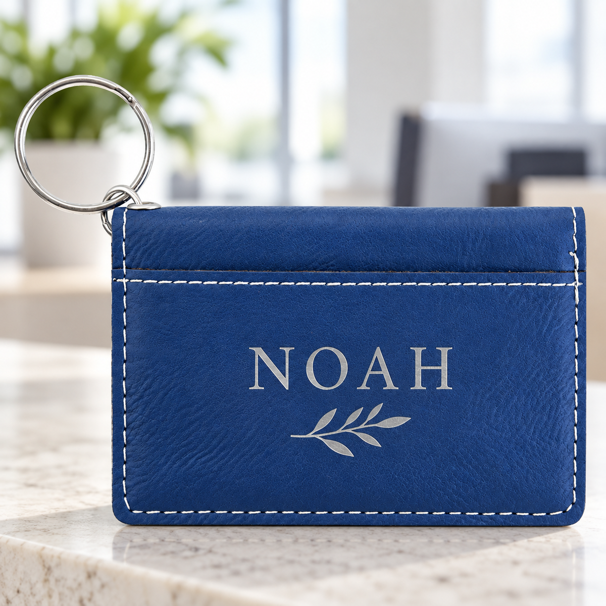 Blue personalized ID-holder keychains engraved NOAH