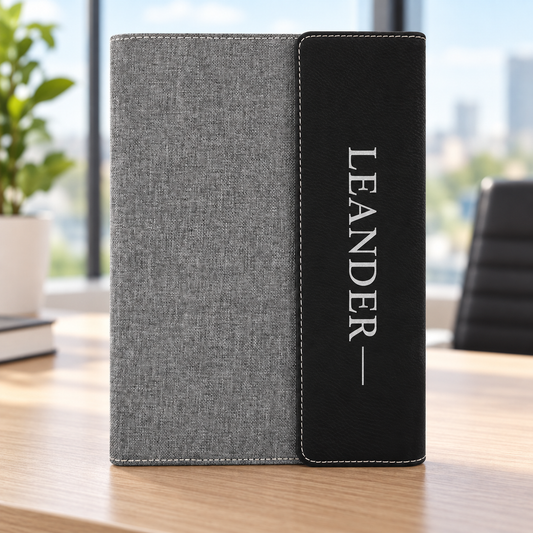 Black and silver leatherette flap with gray canvas portfolio personalized LEANDER