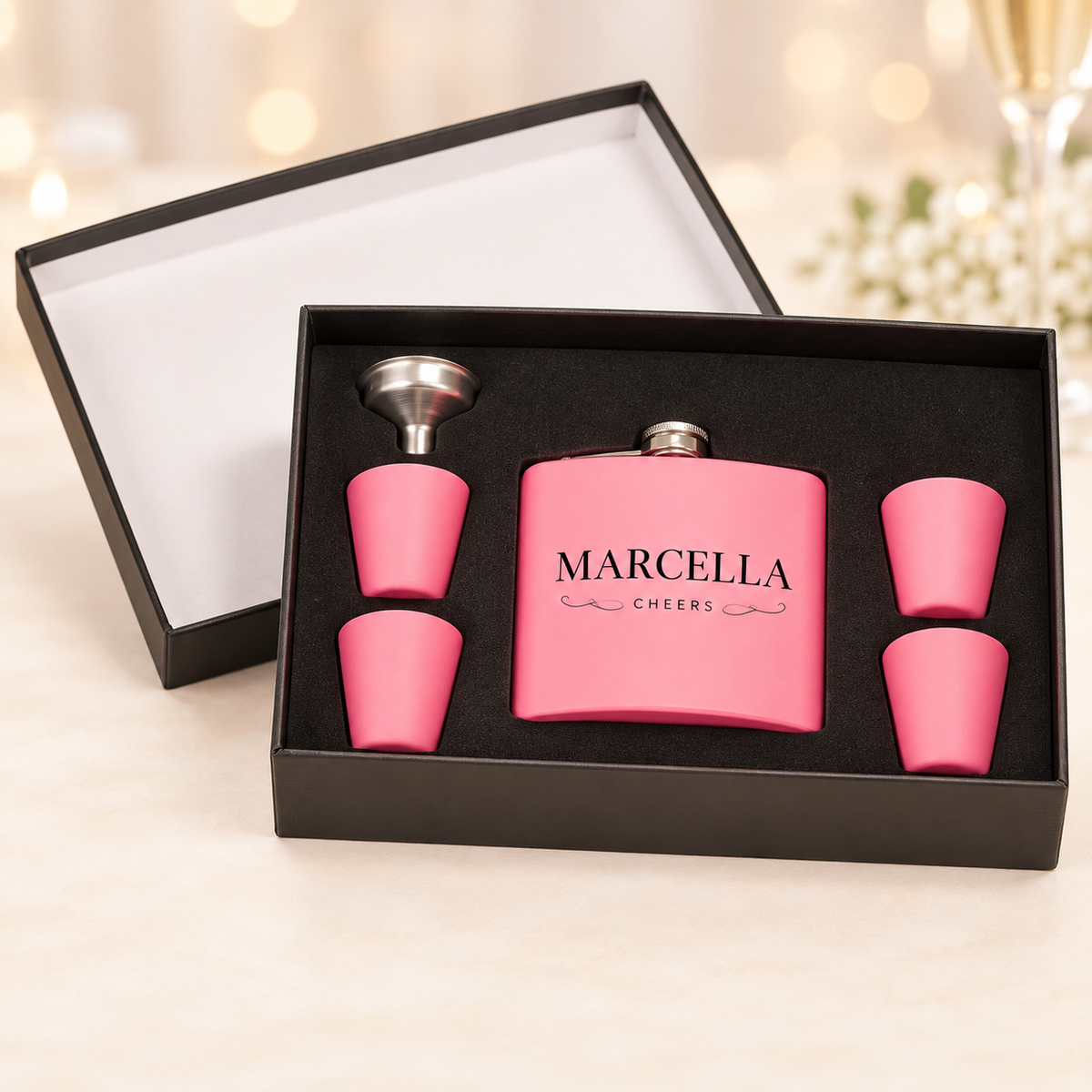 Personalized Matte Pink Flask Gift Set | 6 oz. — personalized gift set — HERO