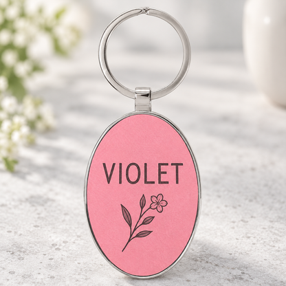 Pink personalized Metal-frame oval keychains engraved VIOLET