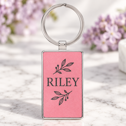 Pink personalized Metal-frame rectangular keychains engraved RILEY