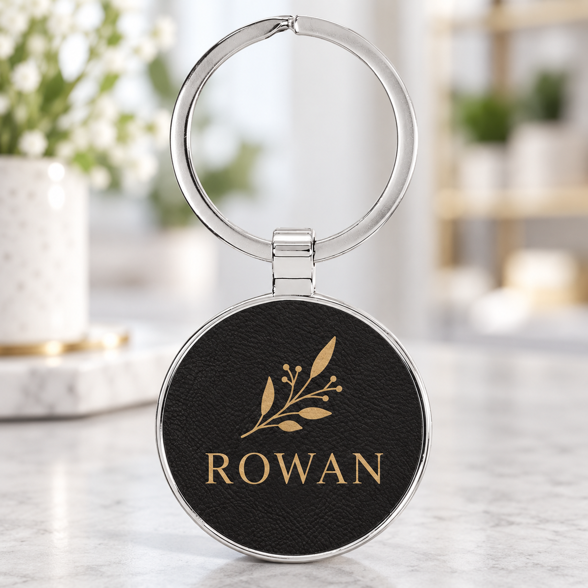 Black personalized Metal-frame round keychains engraved ROWAN