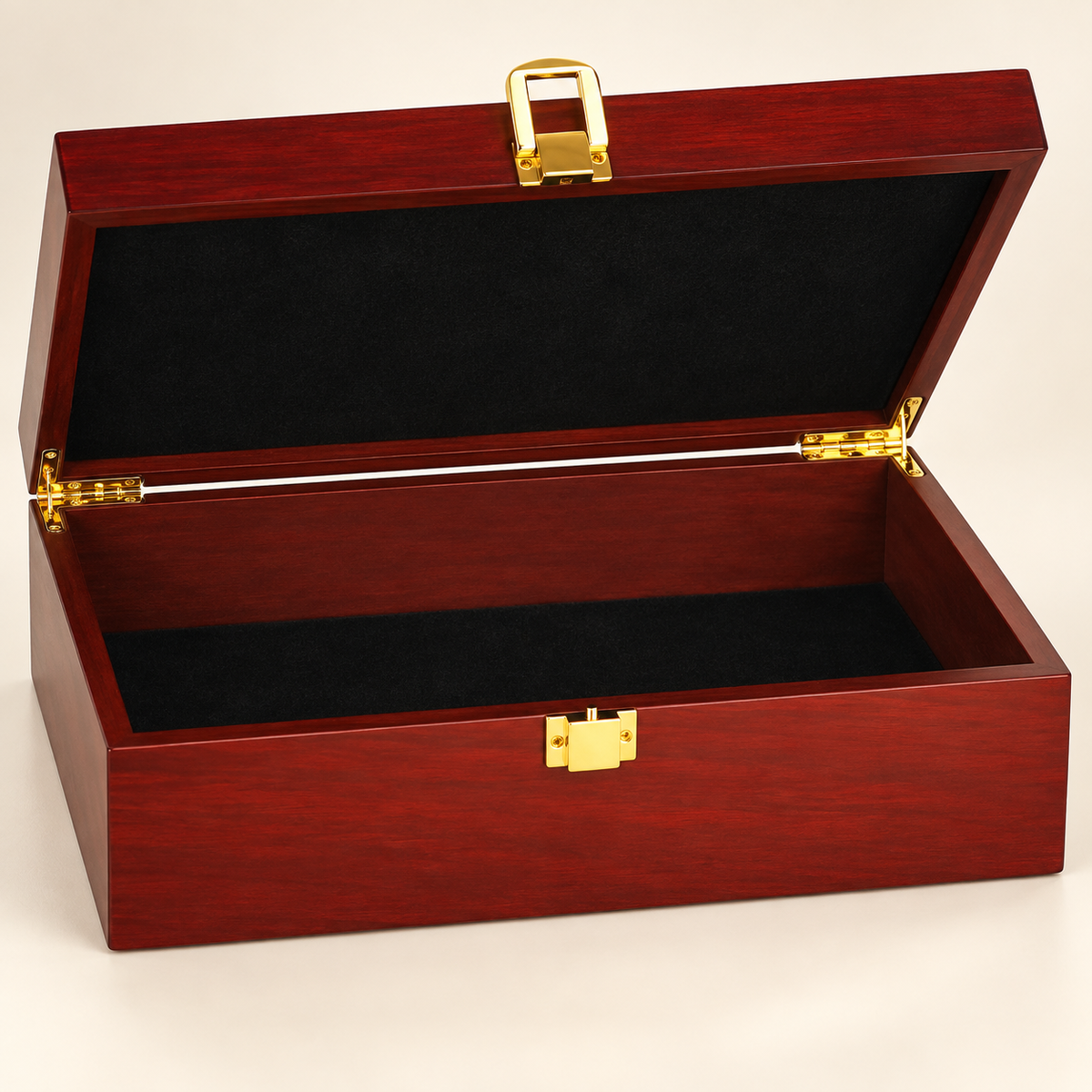 Open rosewood finish gift box with black lined interior, gold hinges and clasp.