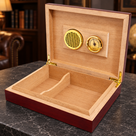 Open rosewood piano-finish humidor with cedar-lined interior, divider, gold humidifier and hygrometer; cigars not included.