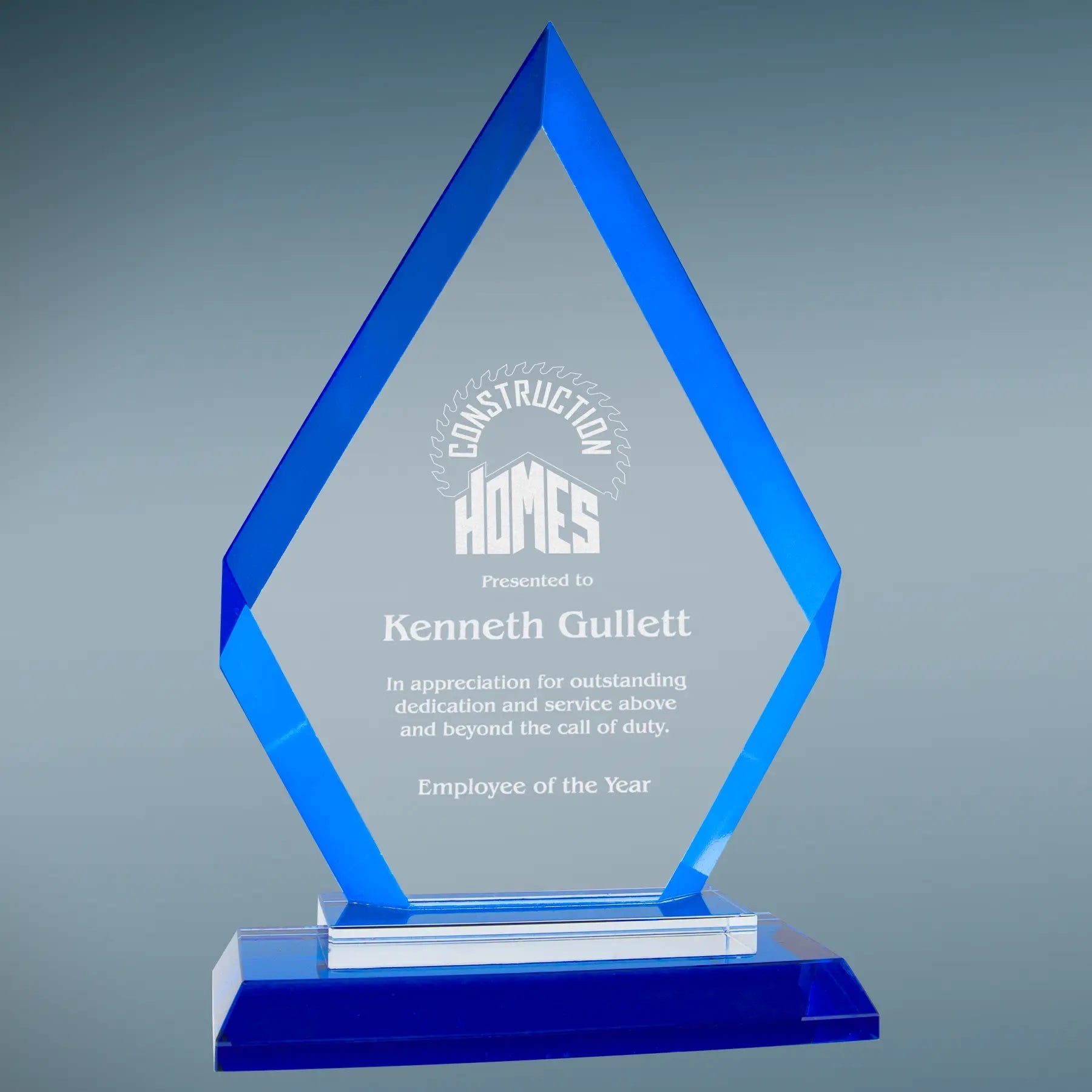 Laser Etched Diamond Blue Regal Glass Award - Smalltown Connetchin