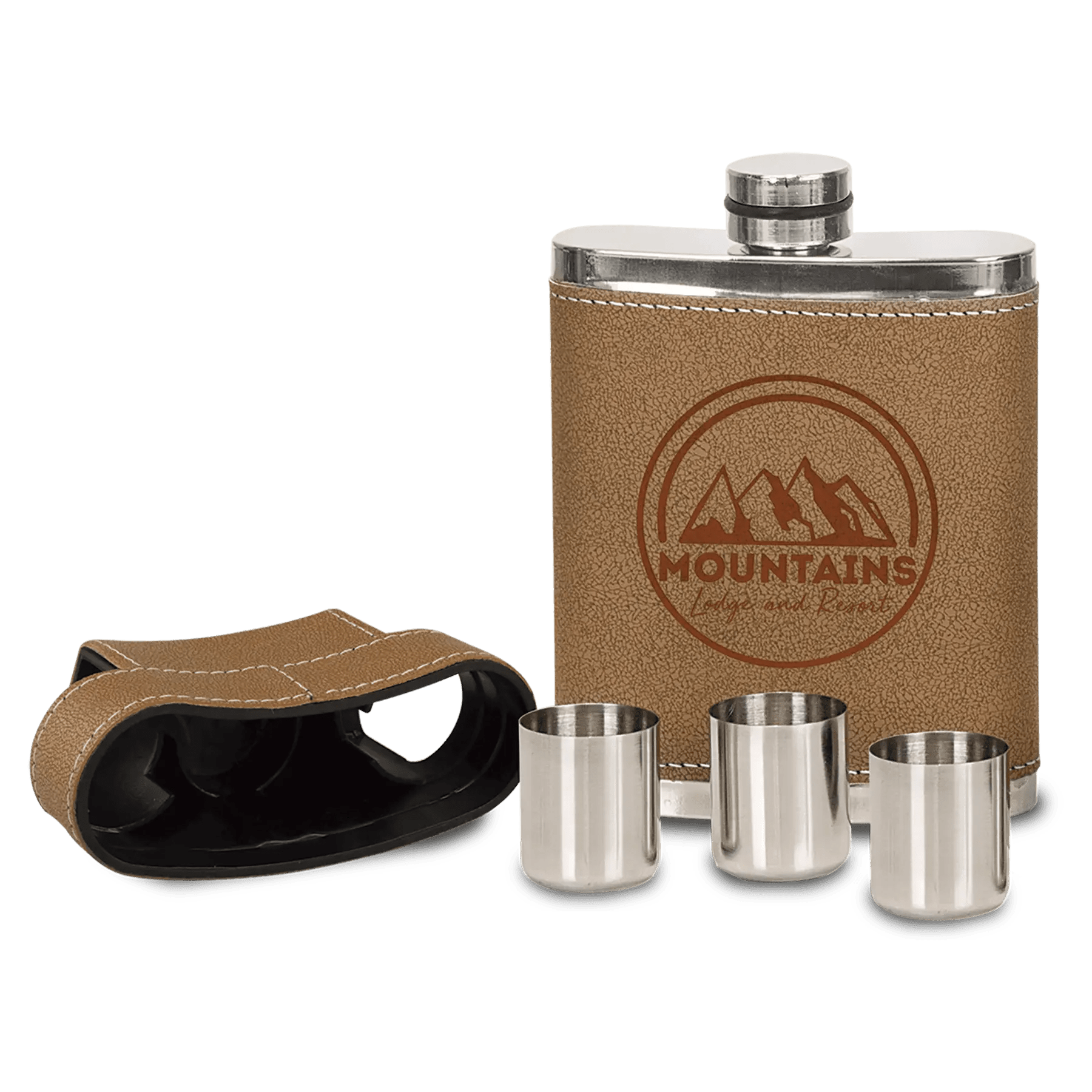 Laser Etched Flask - Leather Wrapped with Lid and 3 Shot Glasses 7 oz. - Smalltown Connetchin