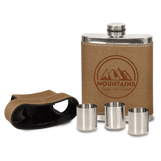 Laser Etched Flask - Leather Wrapped with Lid and 3 Shot Glasses 7 oz. - Smalltown Connetchin