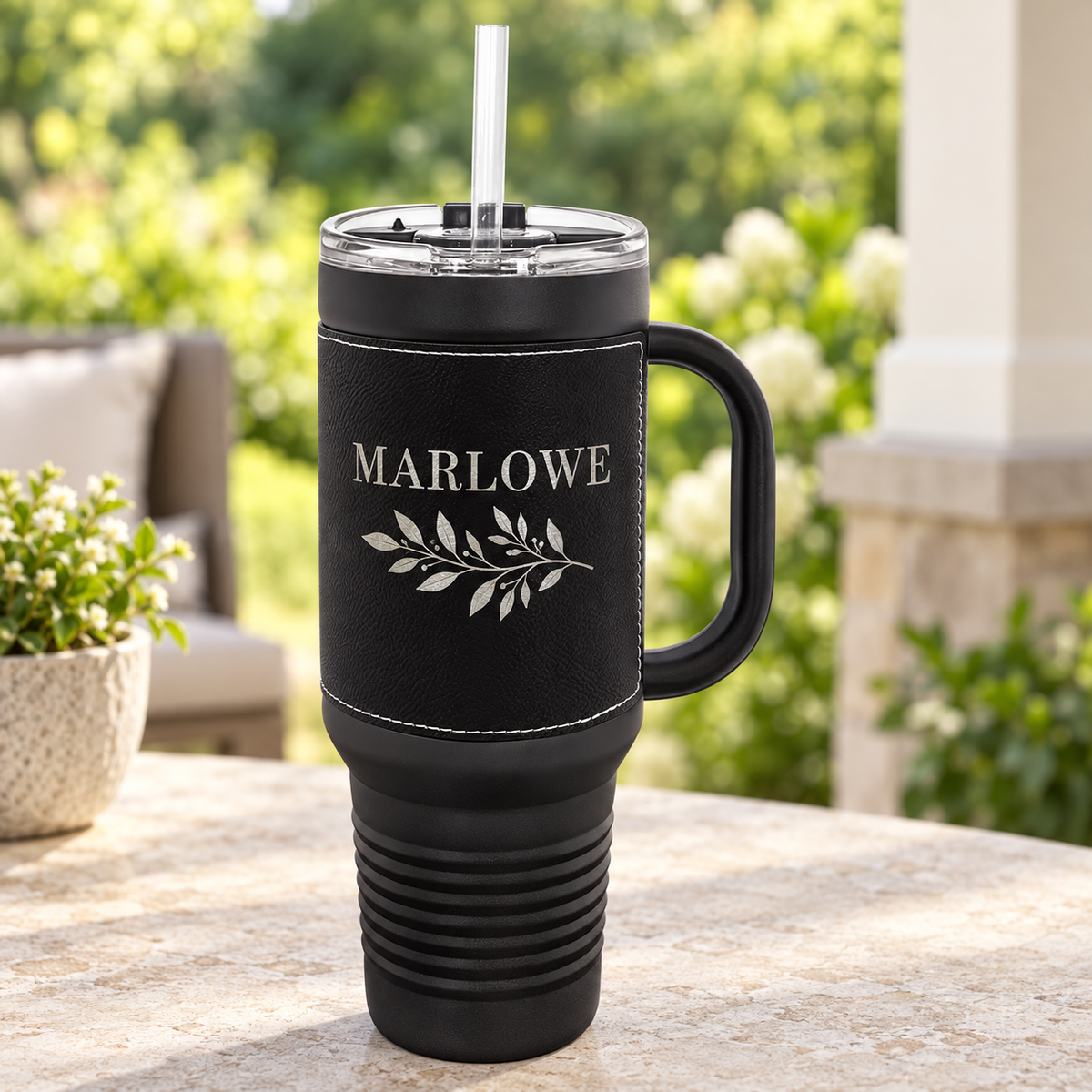 Personalized 40 oz Leatherette Travel Mug with Handle & Straw — Black/Black — MARLOWE