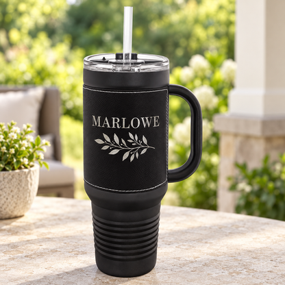 Personalized 40 oz Leatherette Travel Mug with Handle & Straw — Black/Black — MARLOWE