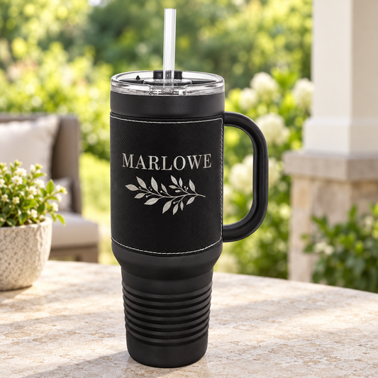 Personalized 40 oz Leatherette Travel Mug with Handle & Straw — Black/Black — MARLOWE