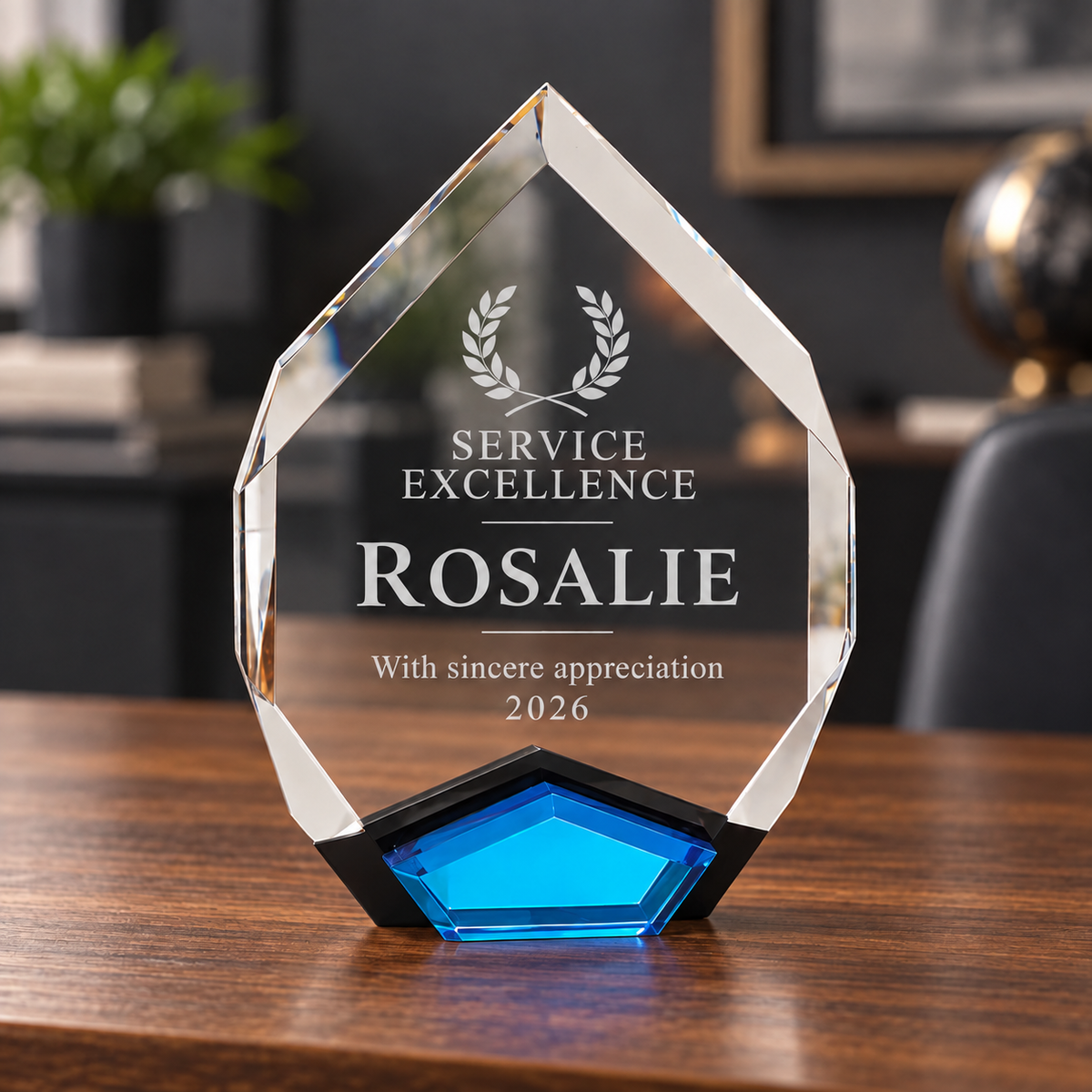 6 by 8-inch blue Marquis clear acrylic award with sample Rosalie engraving