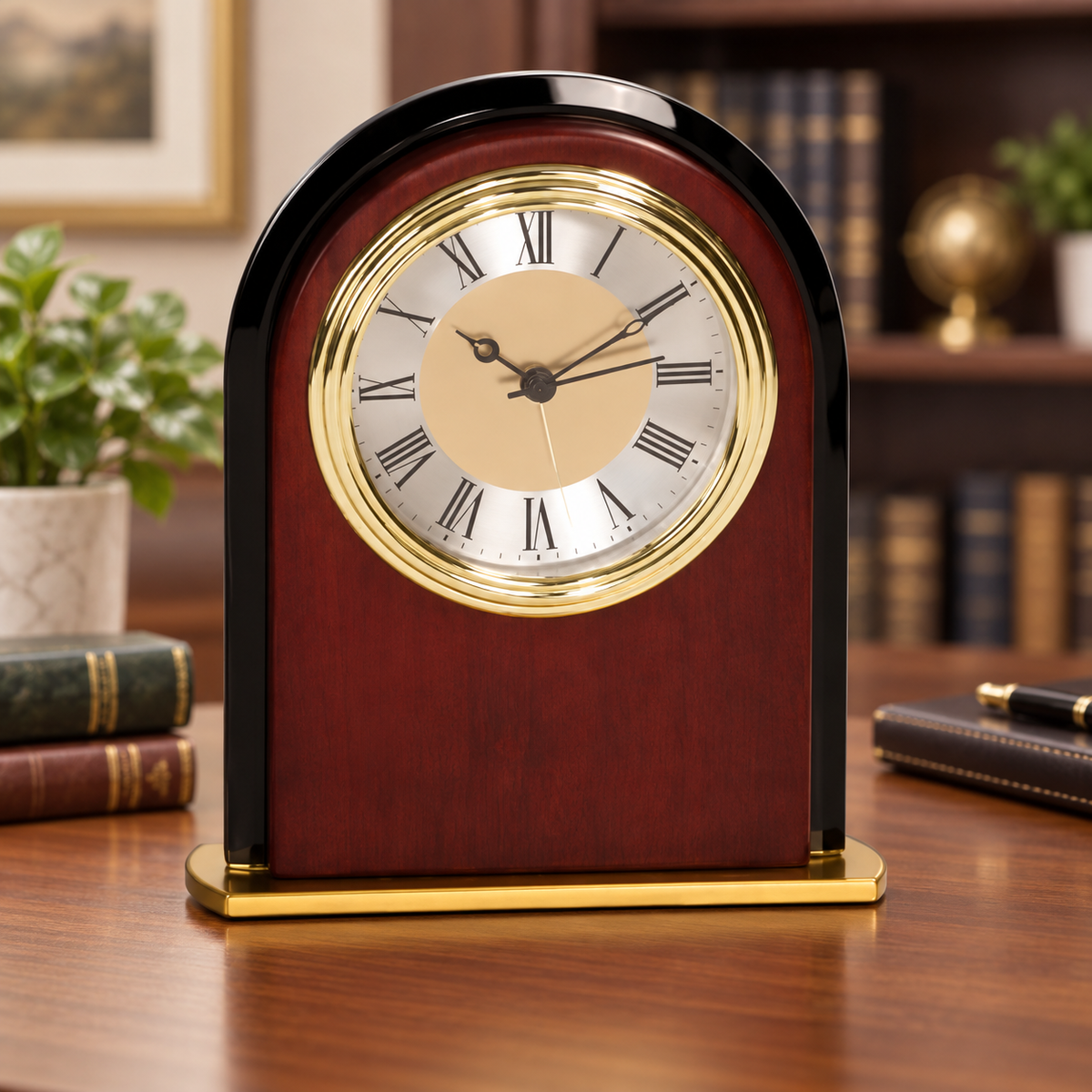 Personalized Mahogany Finish Desk Clock — 6 1/2"- Arch — optimized product photo