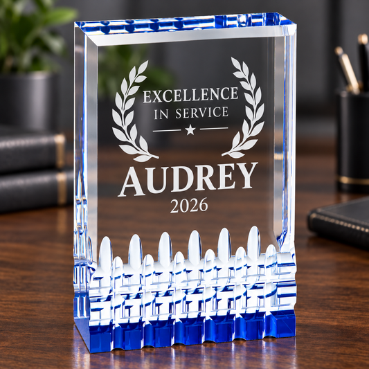 5-inch blue Mirage clear acrylic award with sample Audrey engraving
