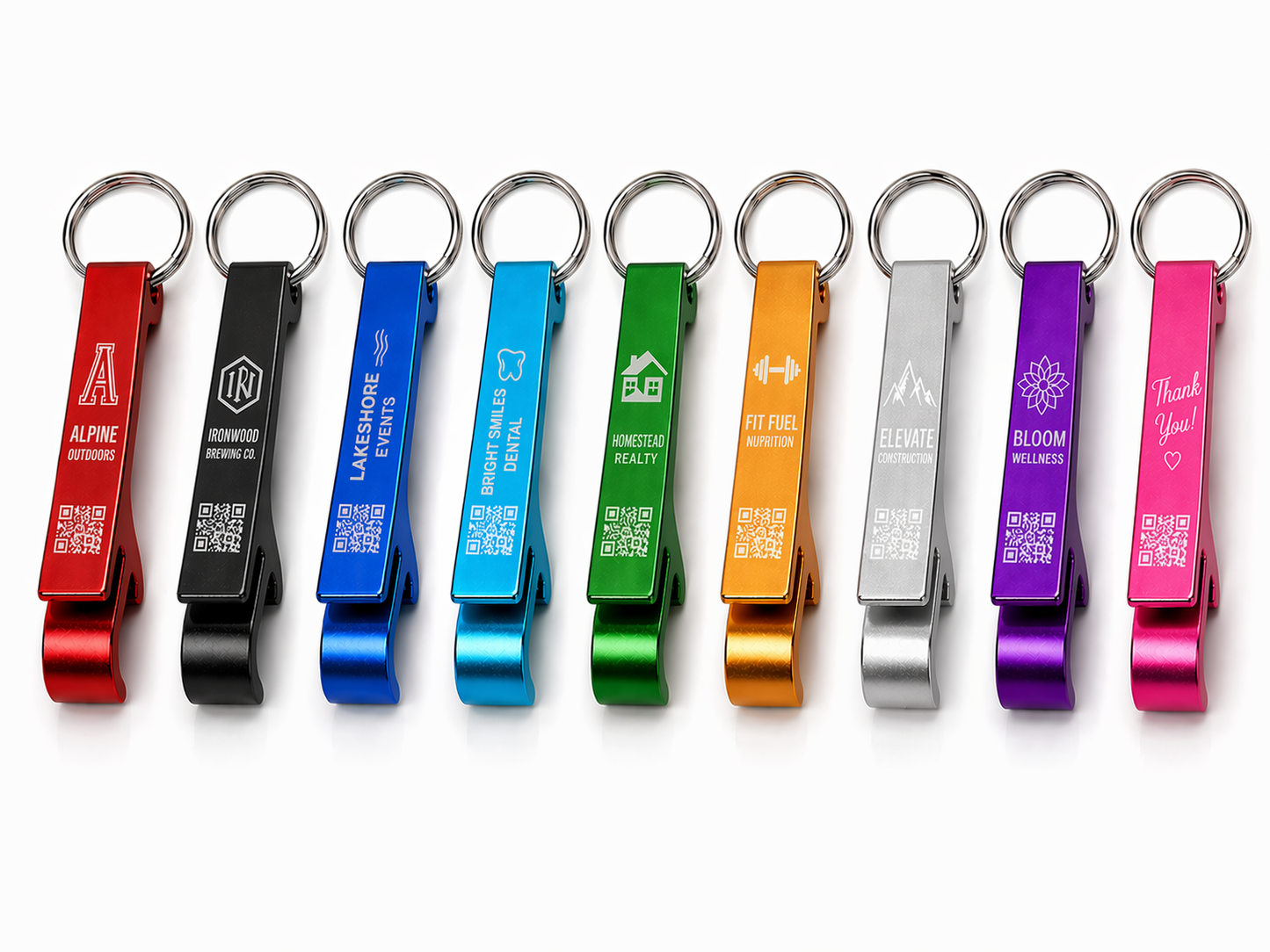 Row of colorful bottle openers with various designs and text on a white background