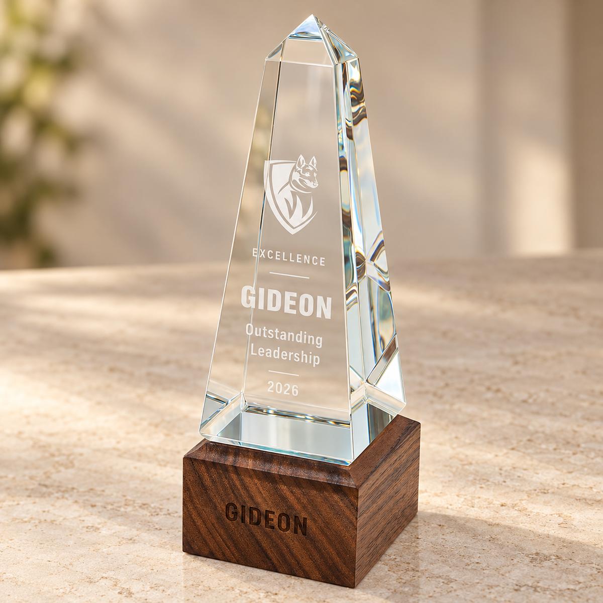 Sierra — clear glass/walnut — Gideon personalized product example