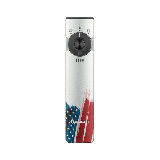 Patriotic Olight Arkfeld Pro flashlight with an American flag design