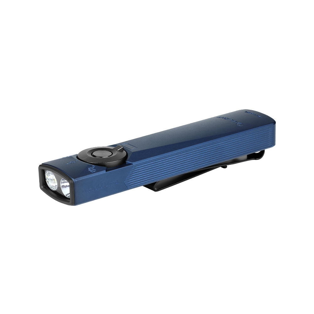 Navy Blue Olight Arkfeld Ultra showing the dual light emitters, selector, textured grip, and pocket clip
