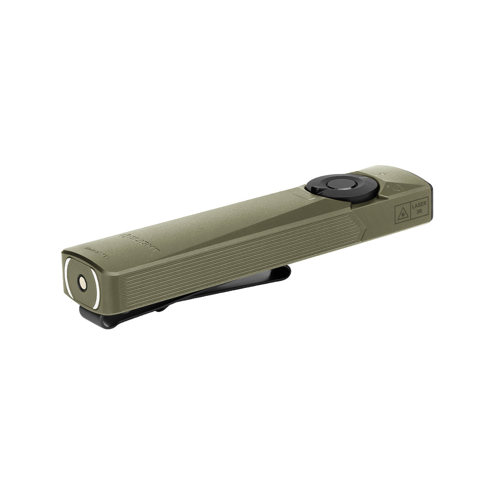 OD Green Olight Arkfeld Ultra showing the magnetic charging port, selector, and pocket clip
