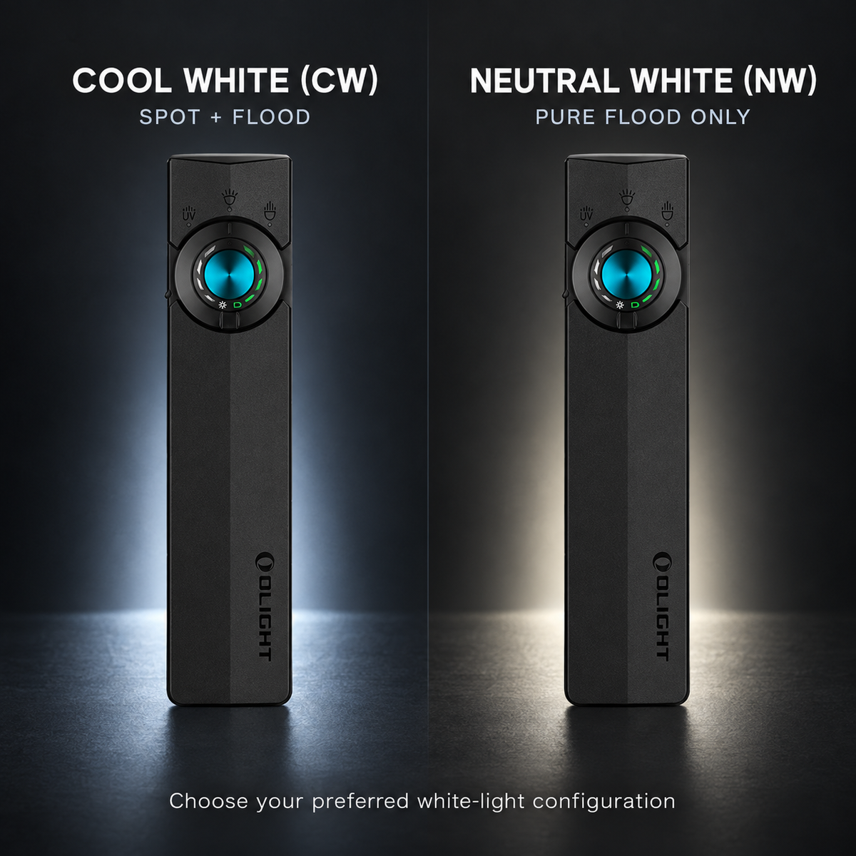 Olight ArkPro flashlight shown in cool white spot and flood and neutral white pure flood configurations on a dark reflective surface