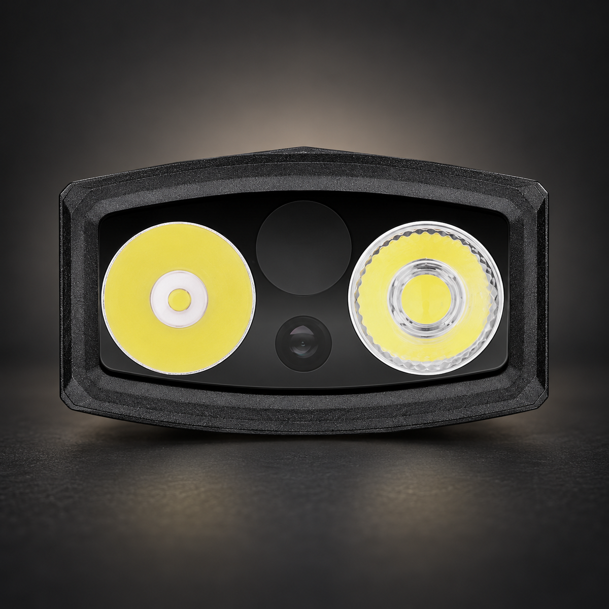 Front view of an Olight ArkPro EDC flashlight showing two circular yellow LED light sources and central controls in a rugged black housing