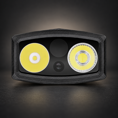 Front view of an Olight ArkPro EDC flashlight showing two circular yellow LED light sources and central controls in a rugged black housing