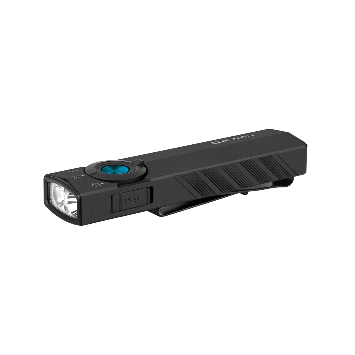 Matte Black Olight ArkPro Lite showing the light emitters, side button, textured grip, and pocket clip
