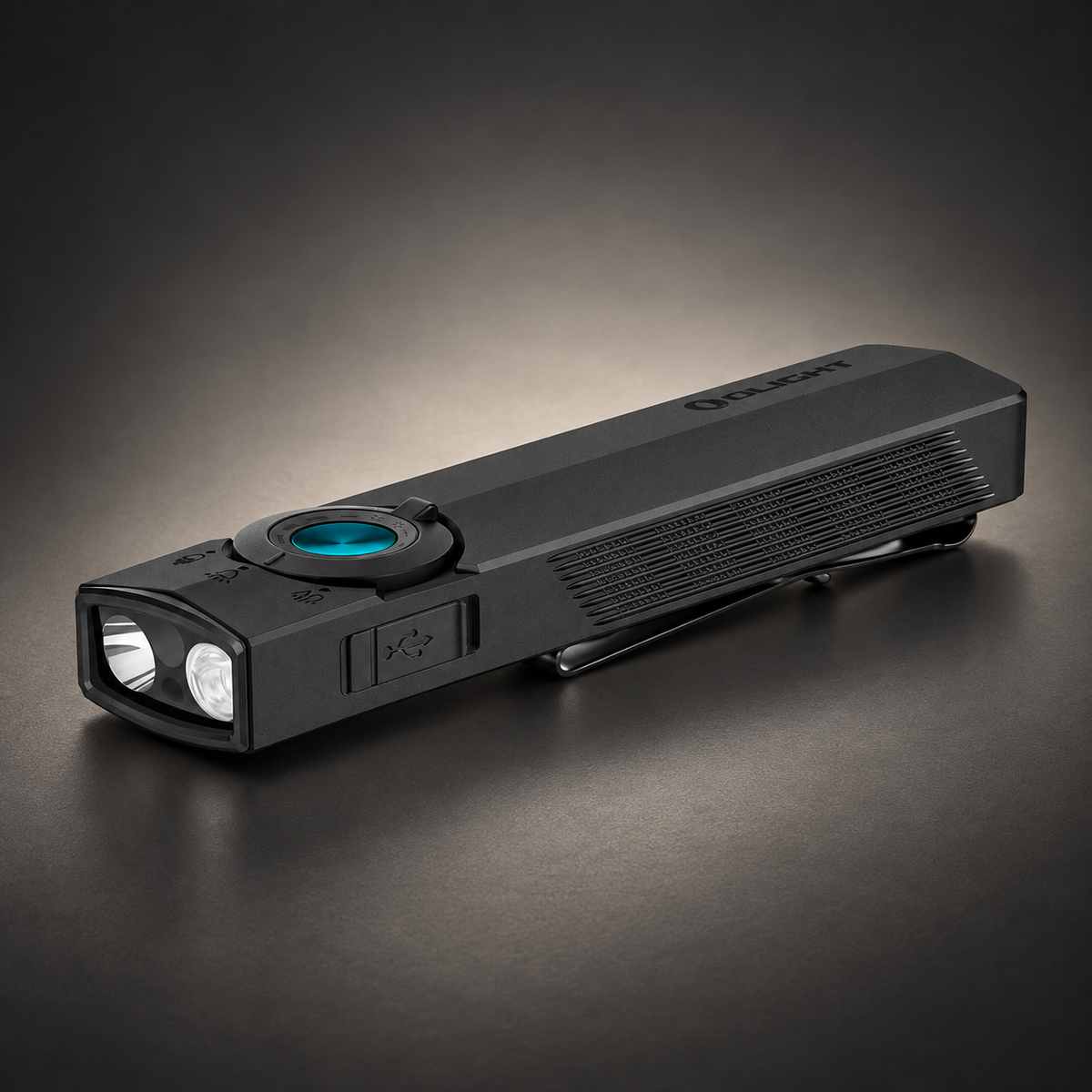 Olight black EDC flashlight with dual front lenses, blue control button, textured grip, and pocket clip shown on a dark surface