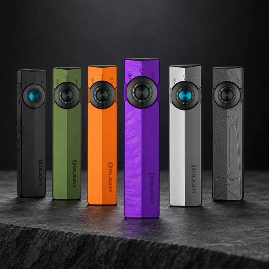 Six Olight EDC flashlights in black green orange purple silver and textured gray standing on a dark stone surface against a black background