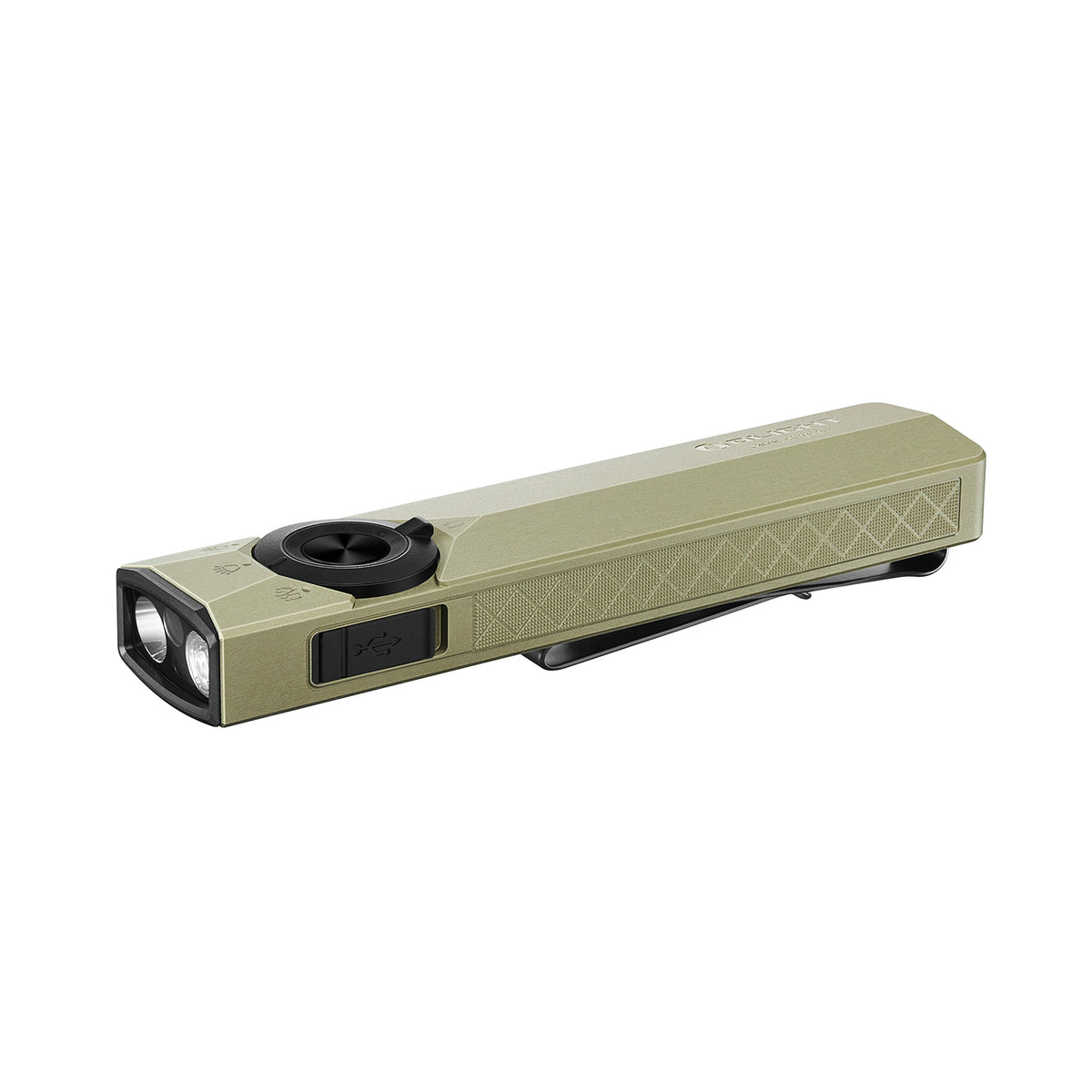 OD Green Olight ArkPro Ultra showing the light emitters, side button, and textured grip