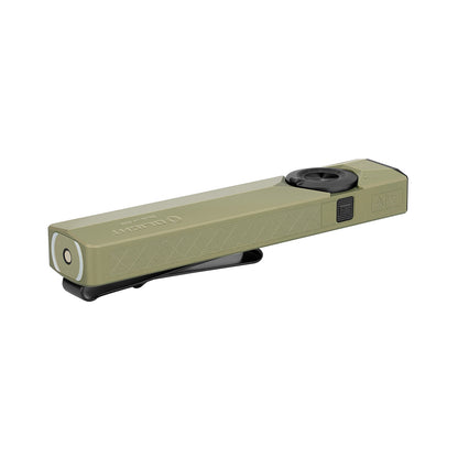OD Green Olight ArkPro Ultra showing the magnetic charging port, controls, and pocket clip