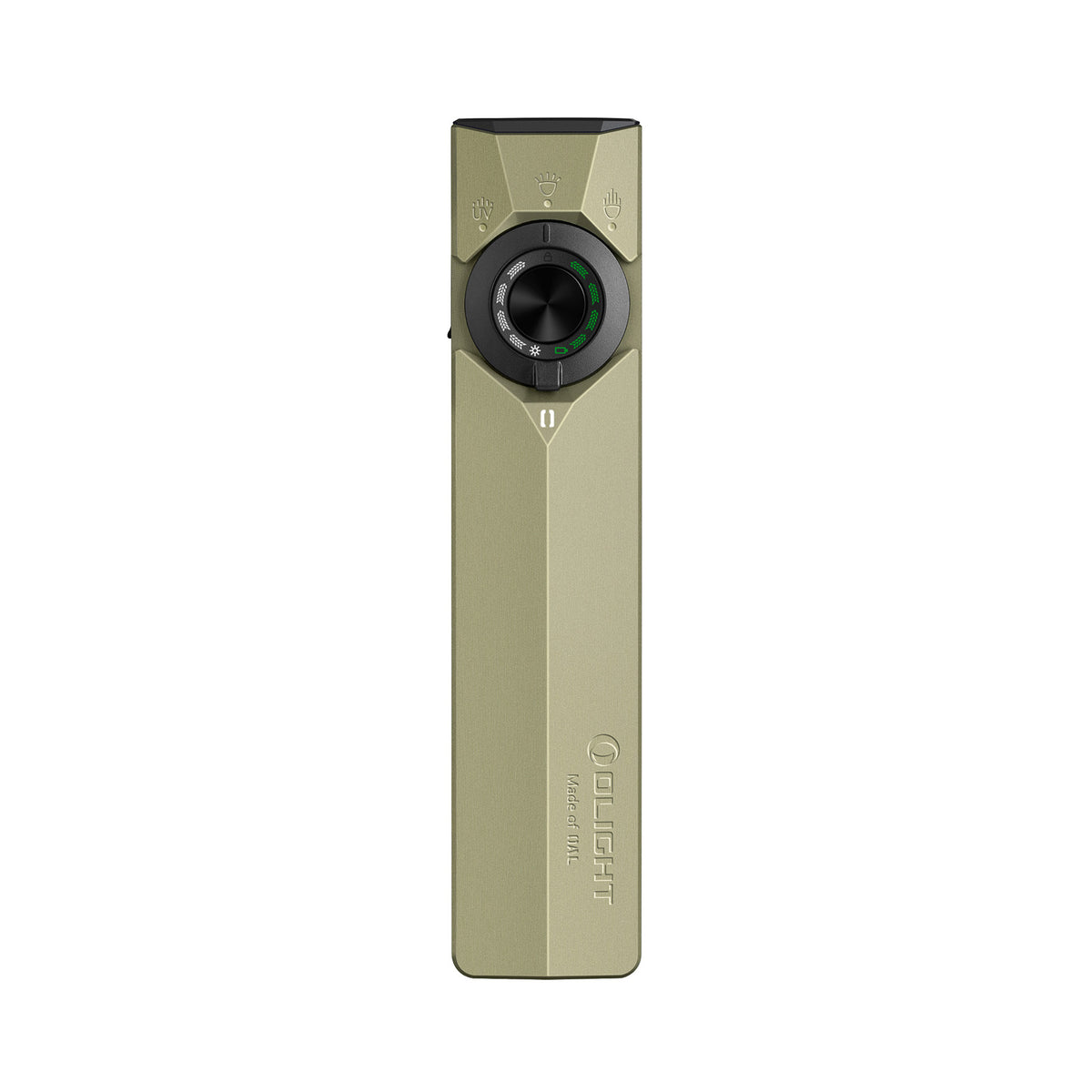 OD Green Olight ArkPro Ultra flashlight, front view with selector dial
